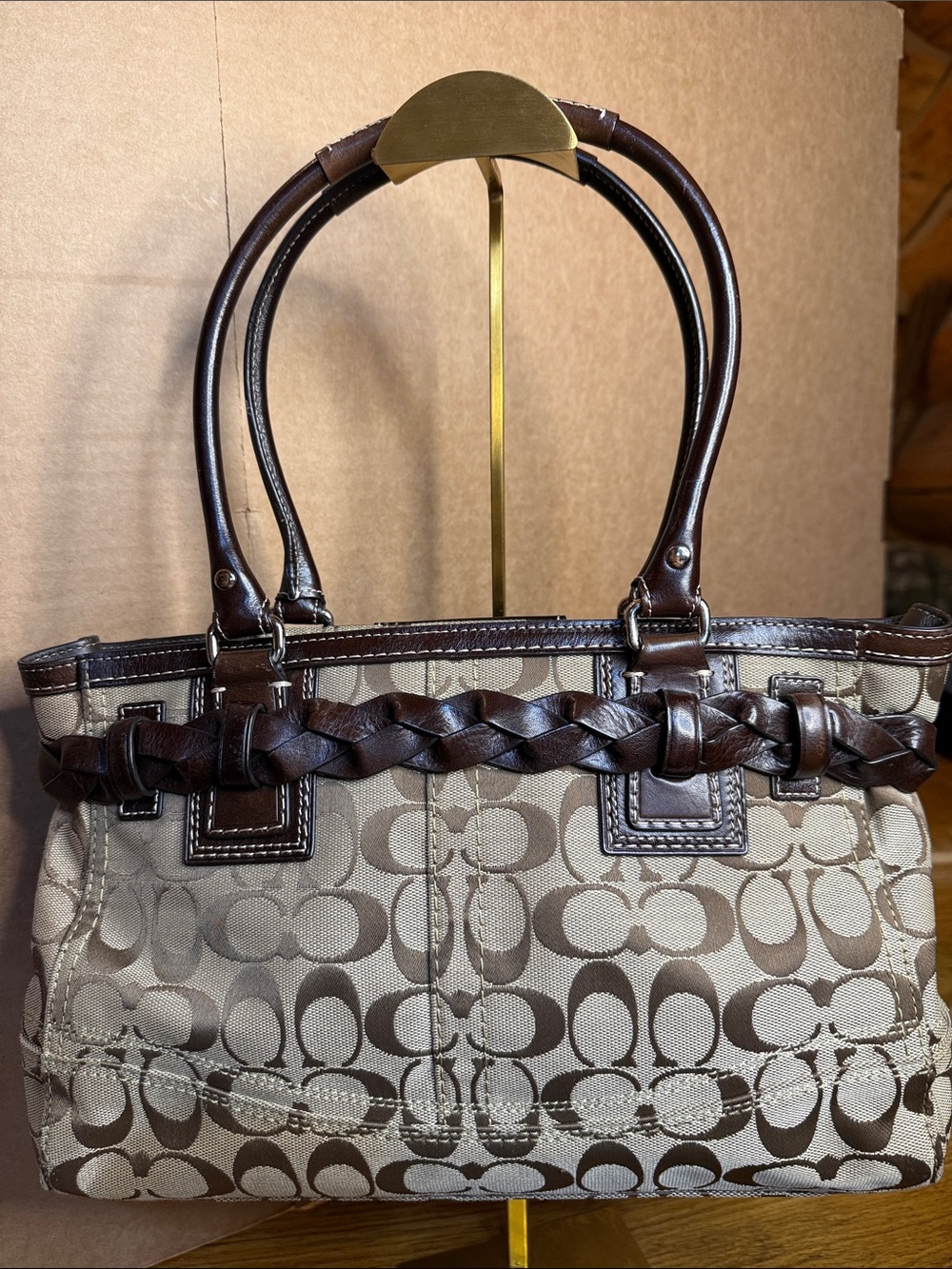 Coach F15665 Signature Gallery Tote Khaki Brown Braided Leather EUC - Picture 7 of 17